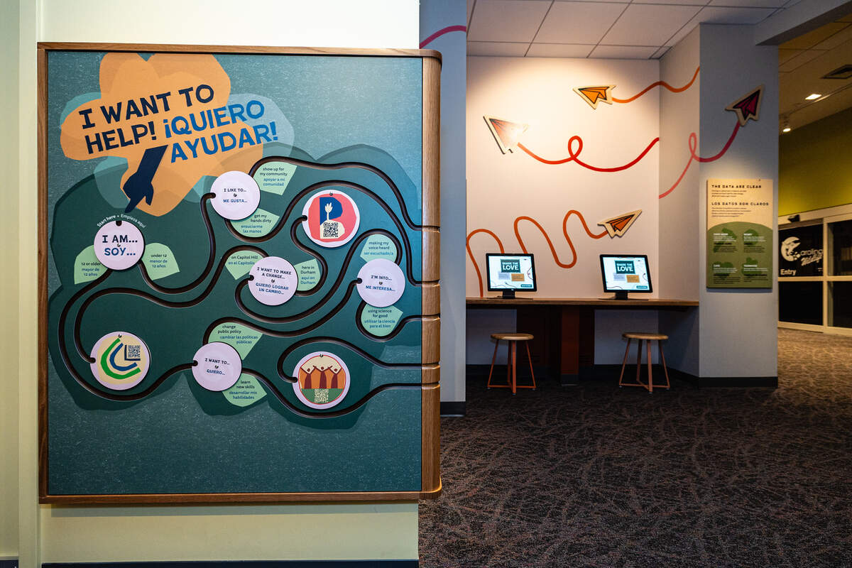 Visitors can follow a decision tree across the exhibit to get connected with climate and sustainability focused organizations.