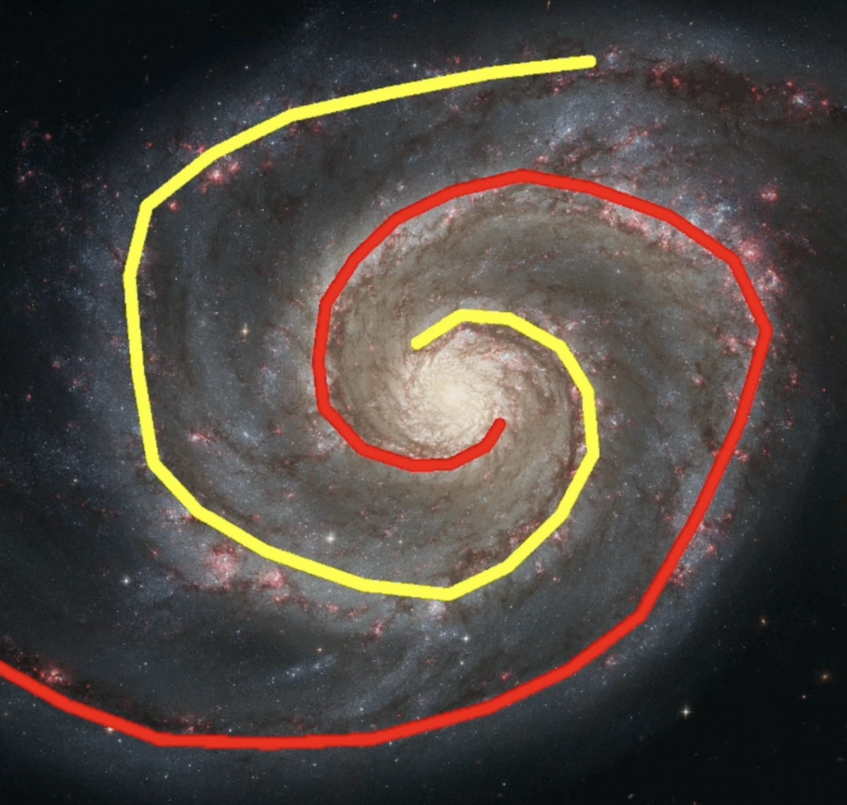 A sample tracing of the galaxy’s arms as part of the SpiralGraph project. Scientists can use how tightly wrapped these arms are to predict the size of the black hole in the galaxy.