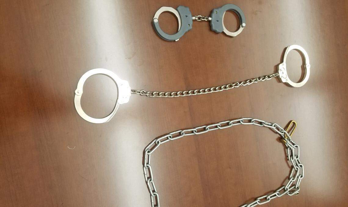 Juveniles in custody are brought into Durham County courtrooms in hand, wrist and ankle restraints similar to the ones pictured here. Some say the practice is in conflict with state law and could do long-term harm to children.