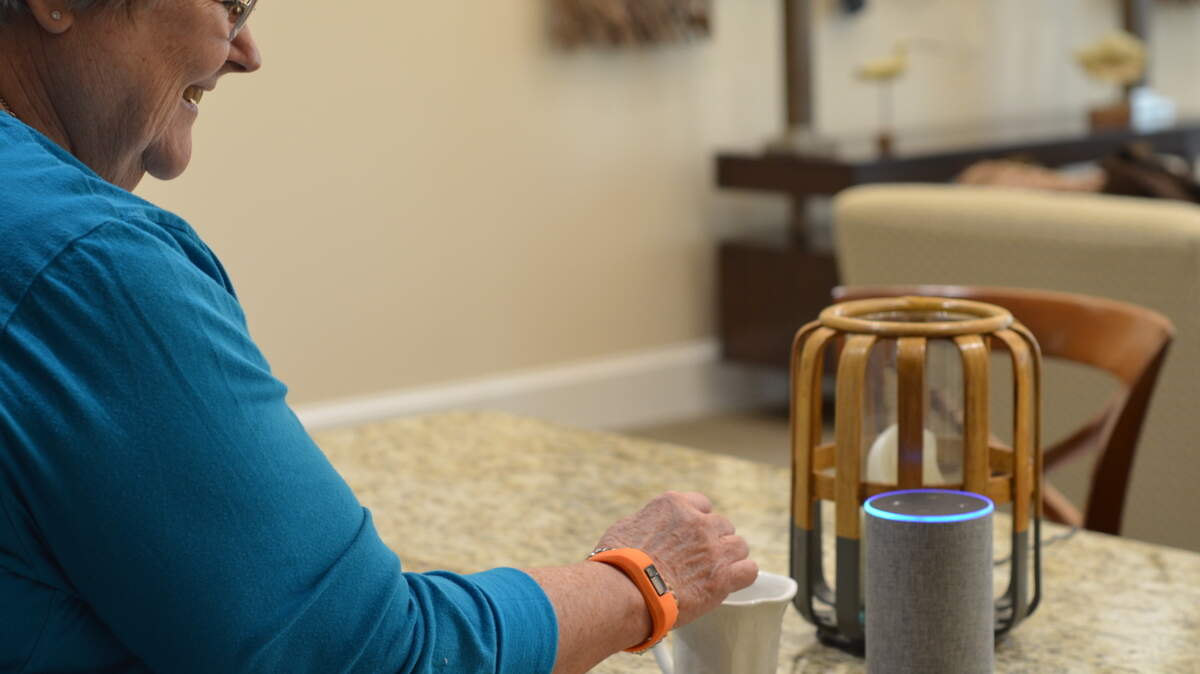 Cardinal at North Hills resident Libby Powell uses her Amazon Alexa voice service.