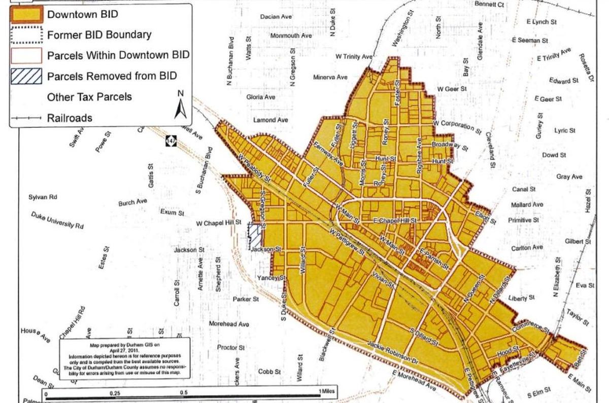 The boundaries of the Downtown Business Improvement District, which was established in 2012. Properties in this district are charged an additional property tax in exchange for a multitude of special services, such as street cleaning and marketing.