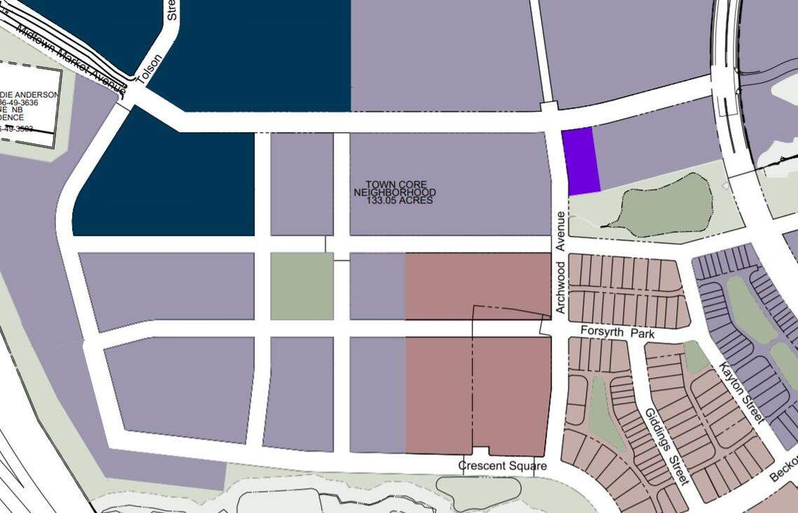 A rendering of how the grid-street pattern for the town center of the community would look. The bright purple is where the developers are asking to place a brew-pub partnership with Wake Tech.