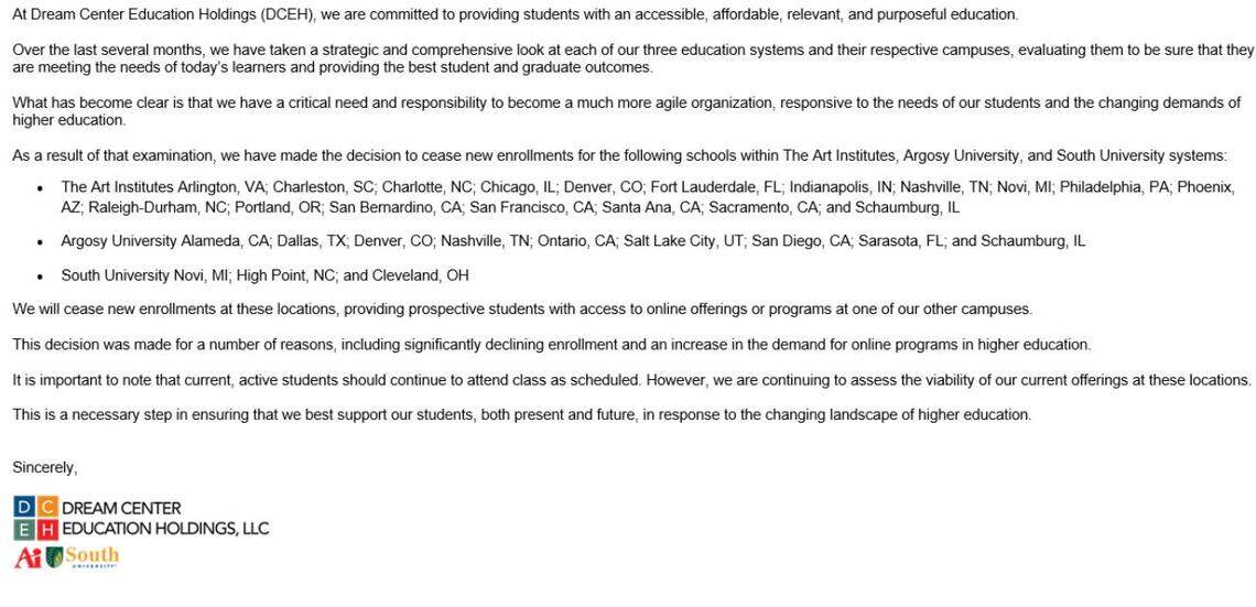 A screenshot of an internal communication sent to Dream Center Education Holdings employees on Monday, announcing the closure of 30 campuses.