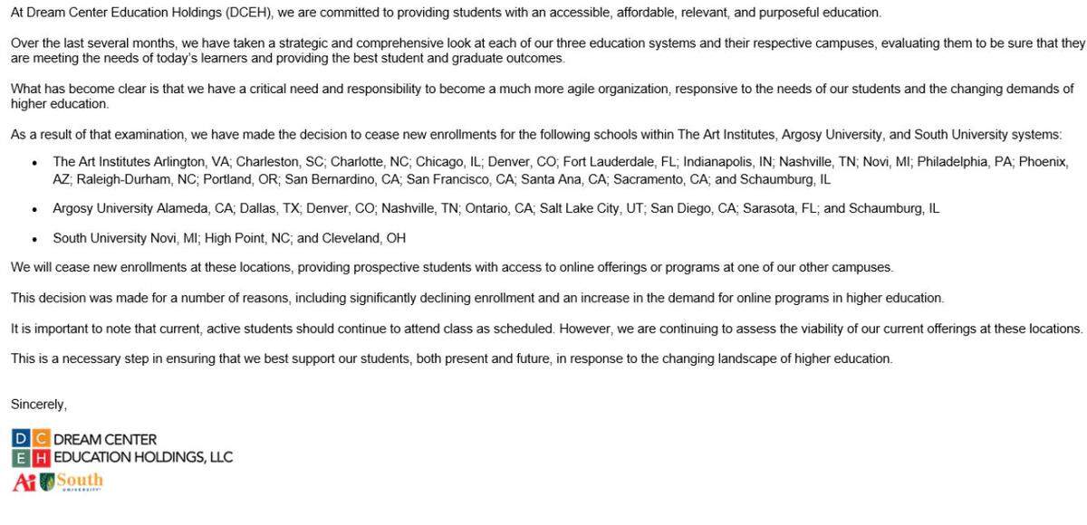 A screenshot of an internal communication sent to Dream Center Education Holdings employees on Monday, announcing the closure of 30 campuses.
