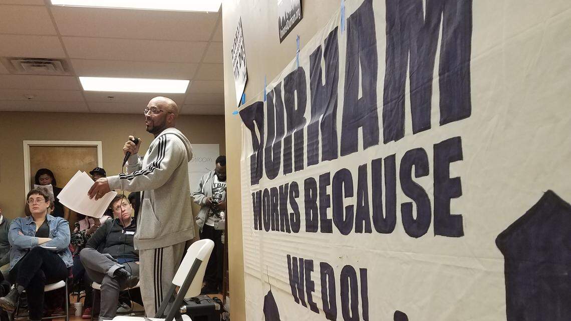 Durham City Workers Union steward Romey Gaddy talks to other workers and labor groups at a Durham Workers Assembly in February 2018. A goal of the assembly, for the city to form a Durham Workers’ Rights Commission, will soon by passed by the Durham City Council.