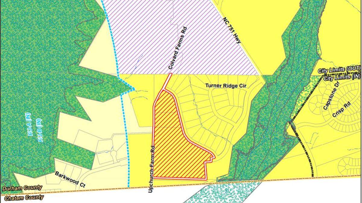 The future land use map showing Colvard Farms rezoning area on the Durham and Chatham county line.