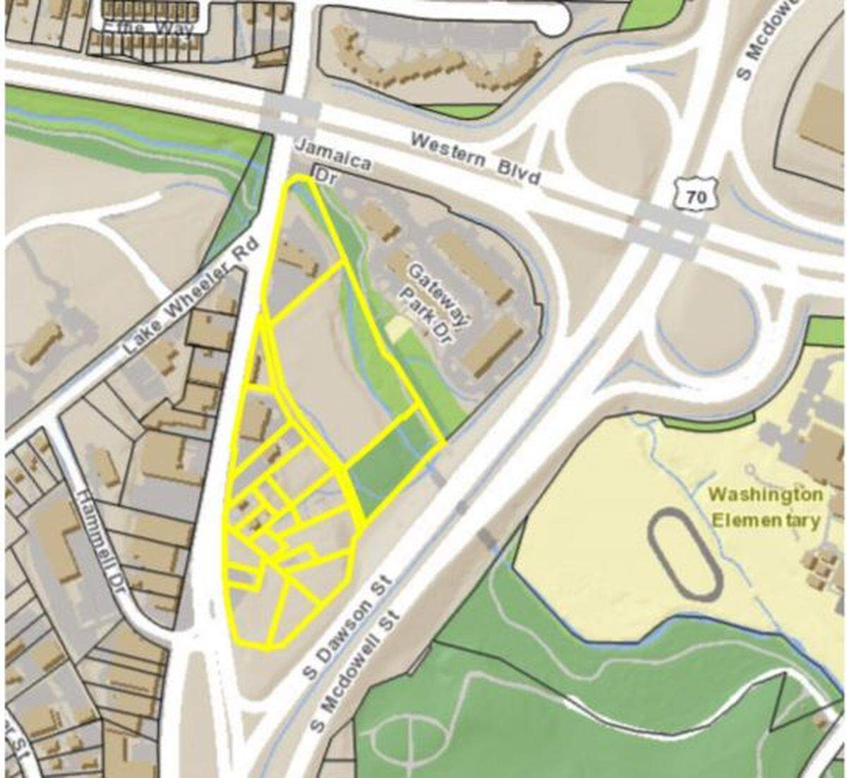 A Raleigh development firm wants to add office and residential towers south of downtown. The nearly 10 acres of land under consideration are highlighted in yellow.