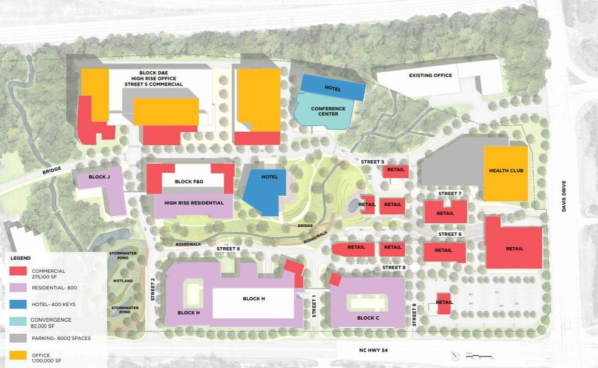 The layout and potential uses within the Research Triangle Park’s ambition Park Center project, located near the intersection of Davis Drive and N.C. 54.
