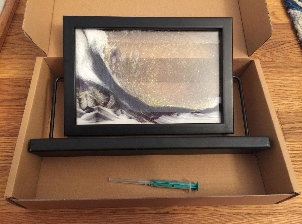 A photo of the sand vision toy that was given to both of Bill Bishop’s sons by Julie Seel. In July, police collected as part of the homicide investigation the needle from the toy in the 16-year-old’s room in his father’s home.