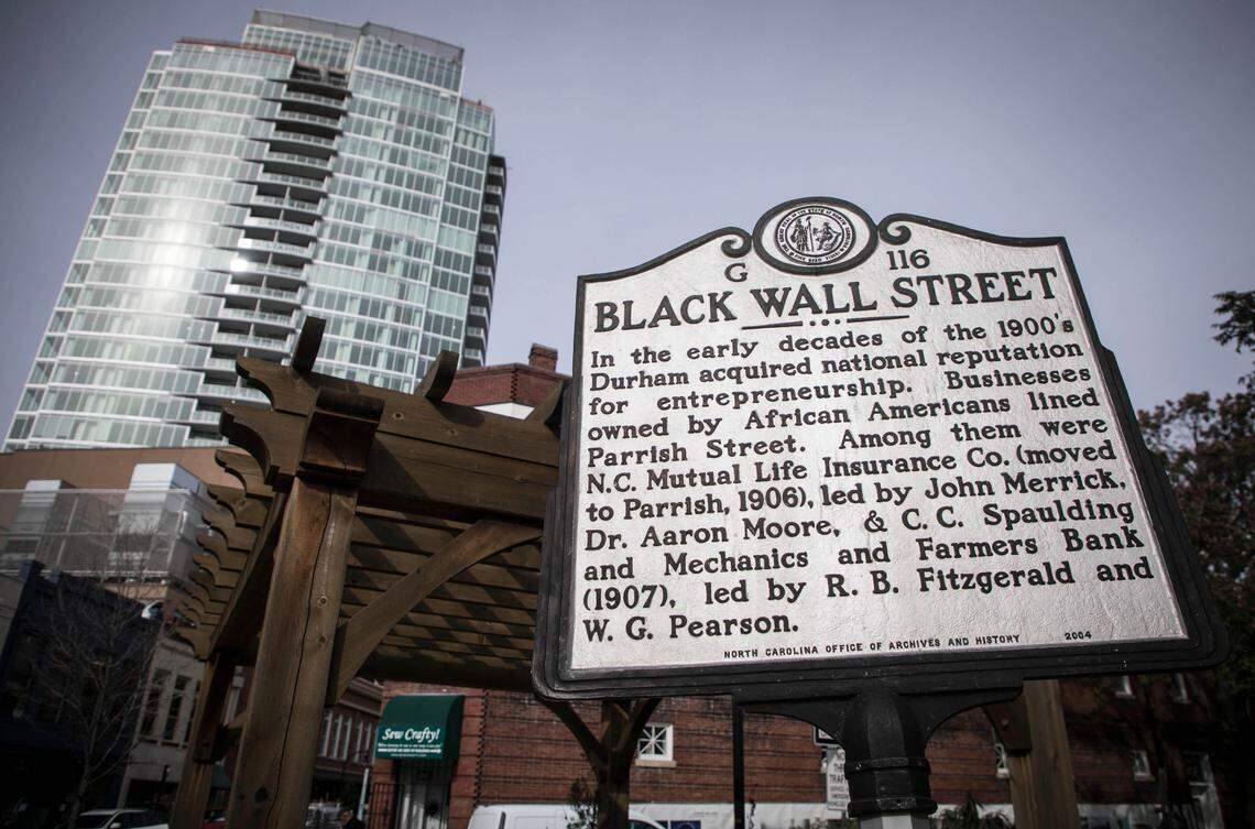 This historical marker commemorates what was once known as Black Wall Street in downtown Durham, NC.