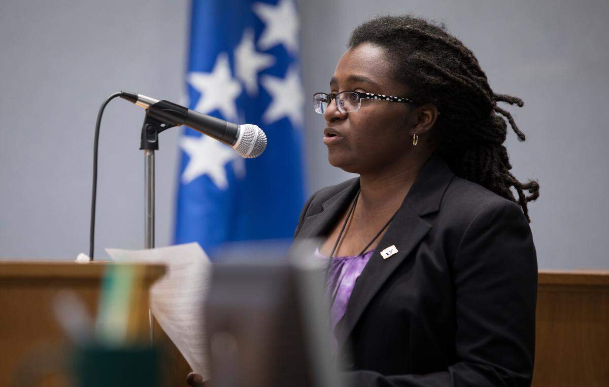 Durham Mayor Pro Tem Jillian Johnson speaks at a City Council meeting on Monday, August 6, 2018.