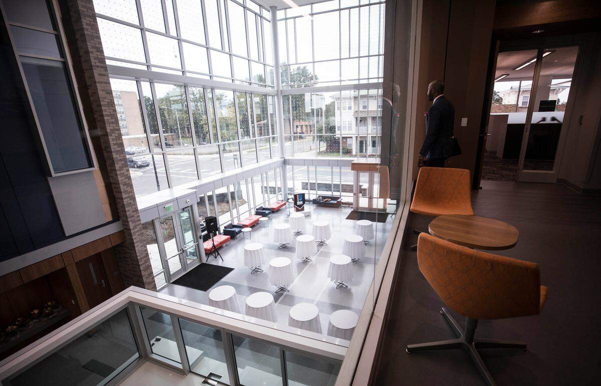 The lobby of the new Durham Police Department headquarters and Emergency Communications Center, seen on a tour given to the press on Wednesday, Oct. 17, 2018, is bright and open. 