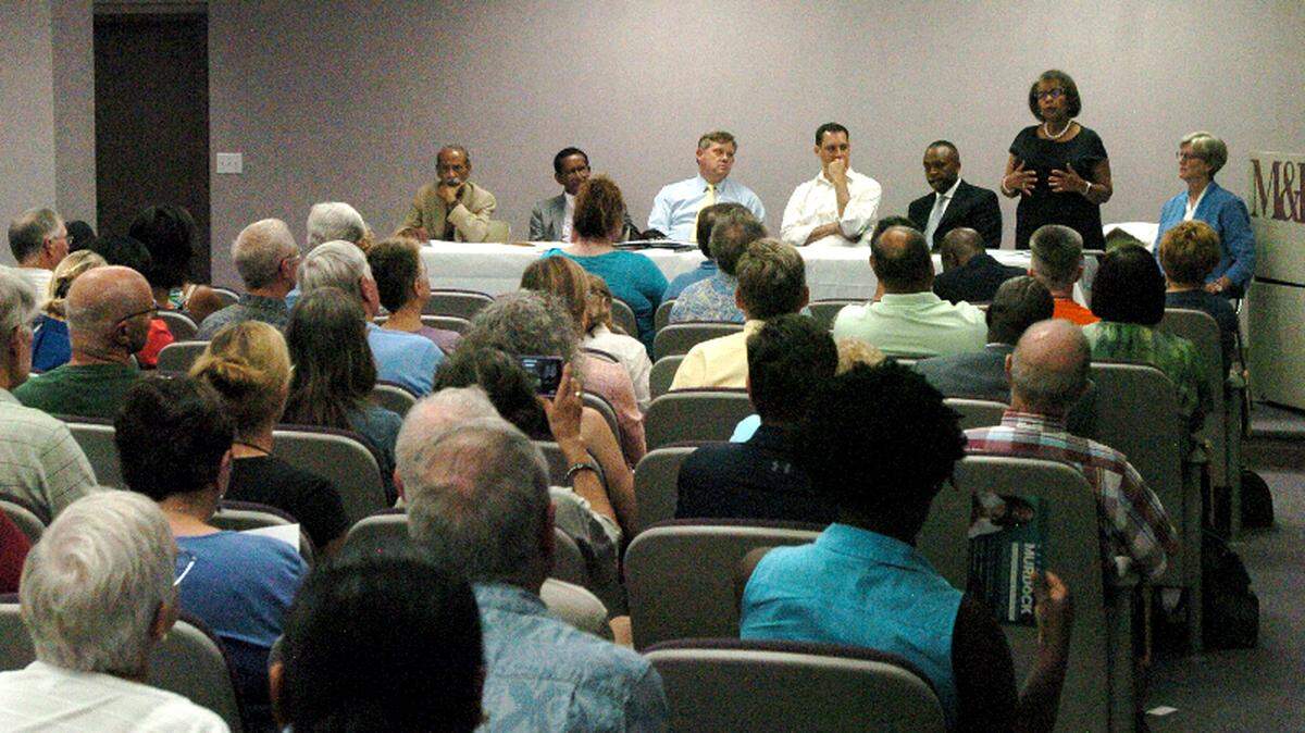 State Rep. MaryAnn Black speaks to a crowd of nearly 200 people at a Democratic town hall meeting at the M&F Bank Corporate Center community room Wednesday, July 11, 2018.