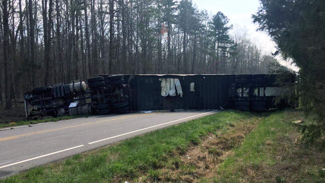 An overturned tractor trailer on Highway N.C. 57 near New Sharon Road.