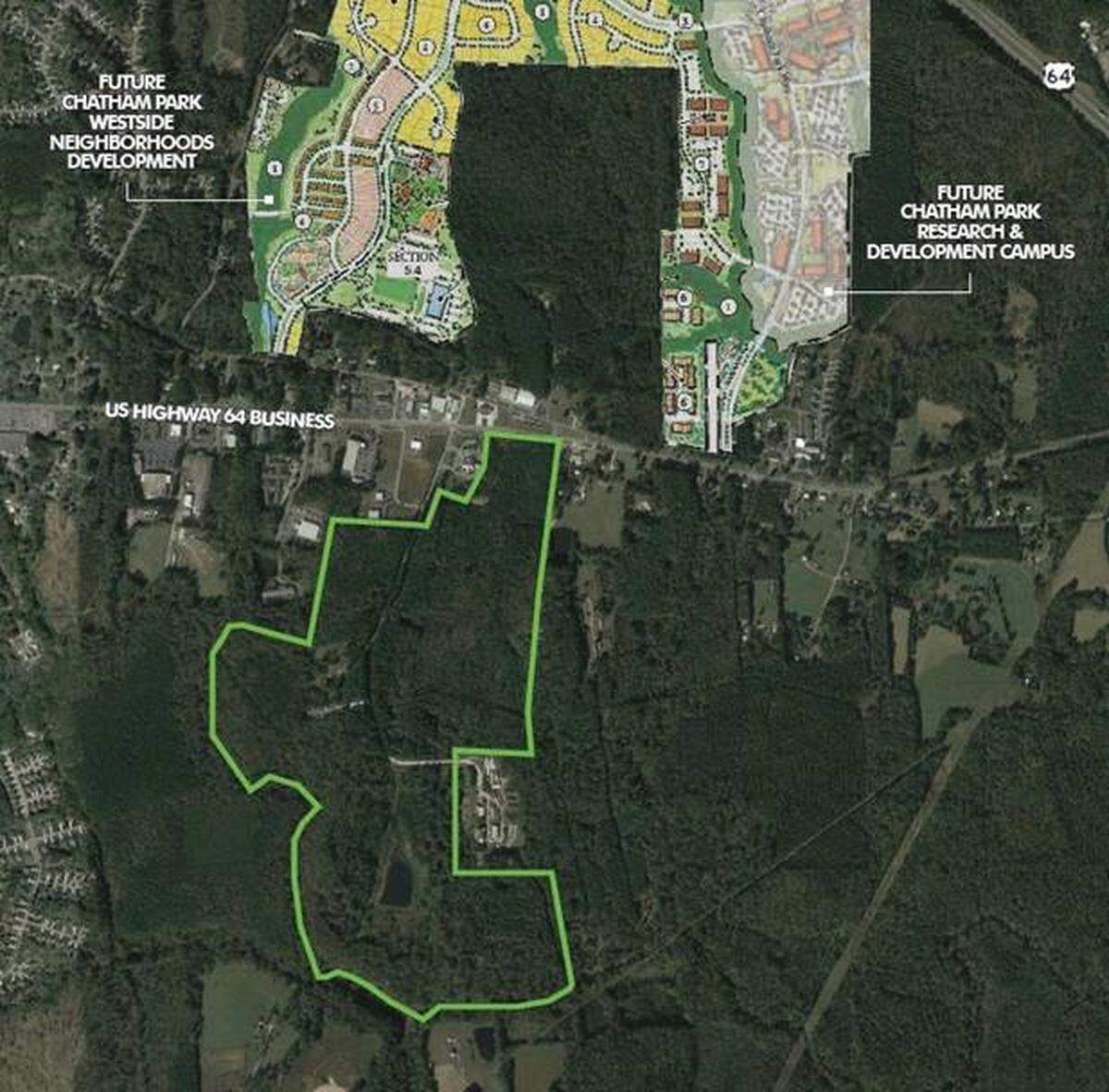 The Halle Companies, a Maryland-based real estate developer, purchased 204 acres (outlined in green) on Industrial Park Drive near U.S. 64 Business in December.
