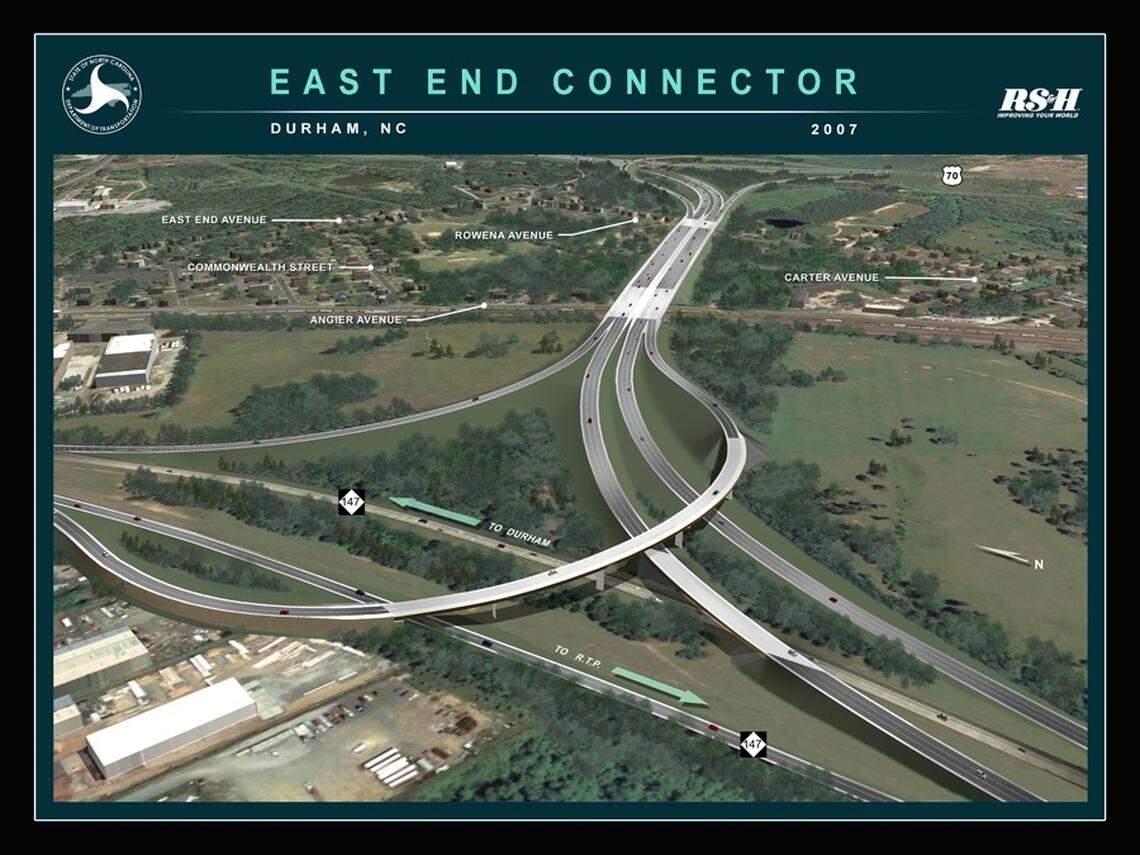 The East End Connector will link N.C. 147 (Durham Freeway) with U.S. 70. From N.C. 147, the new exit will be located between the Briggs Avenue and Ellis Road exits.