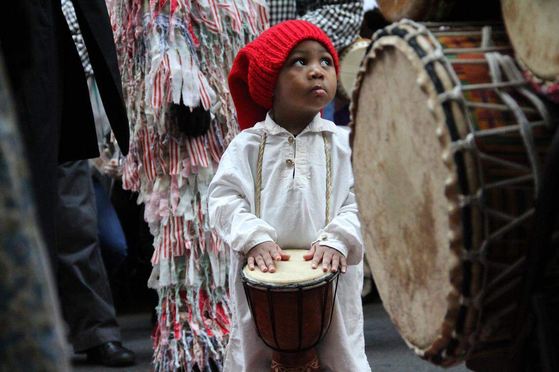 Kendrick Edwards Jr. of the Tryon Palace Jonkonnu Drummers performs during the African-American Cultural Celebration at the N.C. Museum of History in 2019. The 19th annual celebration serves as the statewide kickoff to Black History Month.