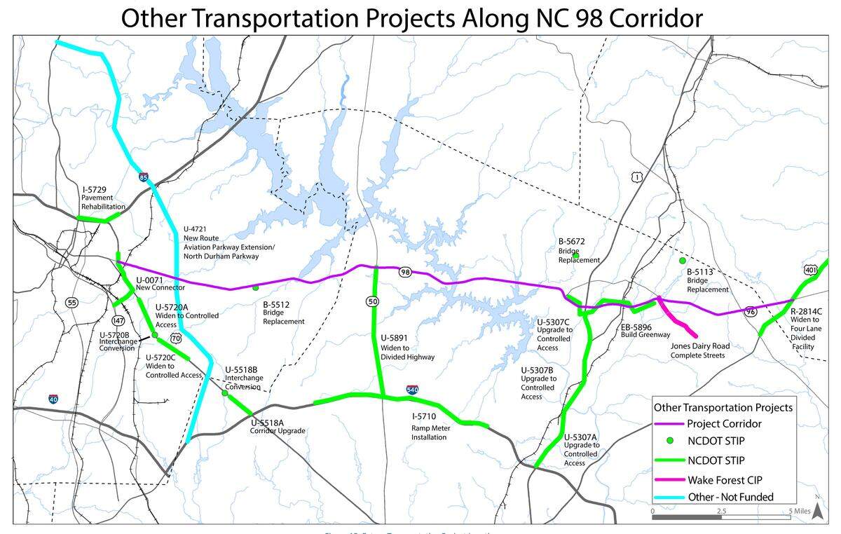 A map shows how N.C. 98 from Durham to Wake and Franklin counties (in purple) would tie in with other road projects planned for the area around the highway corridor. Some of those projects already have state funding. Others, including the proposed North Durham Parkway (in blue), may be a decade or more away.