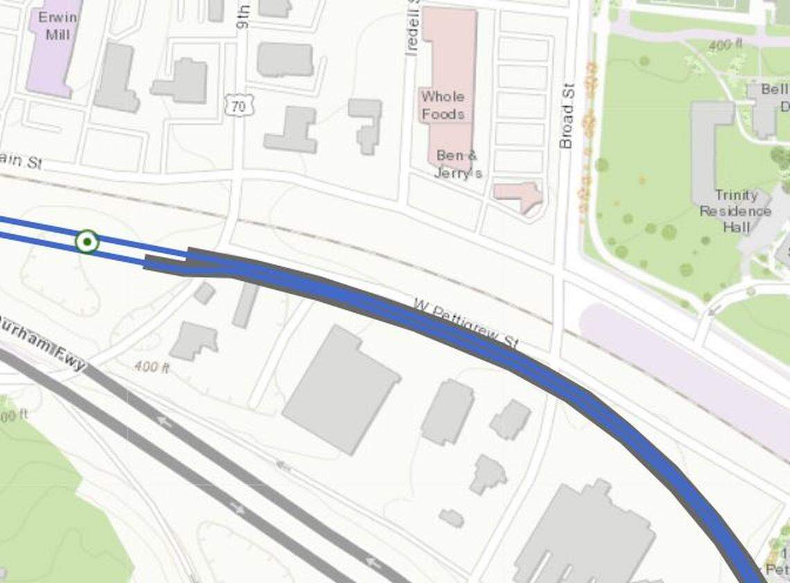 The proposed path of the Durham-Orange Light Rail project. The rail line would go through the northern edge of the Sam's Bottle Shop property near Duke University's East Campus.