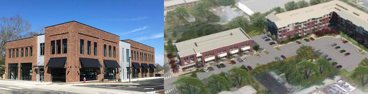 The first, commercial phase of Shelton Station is complete and fllling up with tenants in Carrboro. Construction is underway on the second phase, which includes multistory apartments.