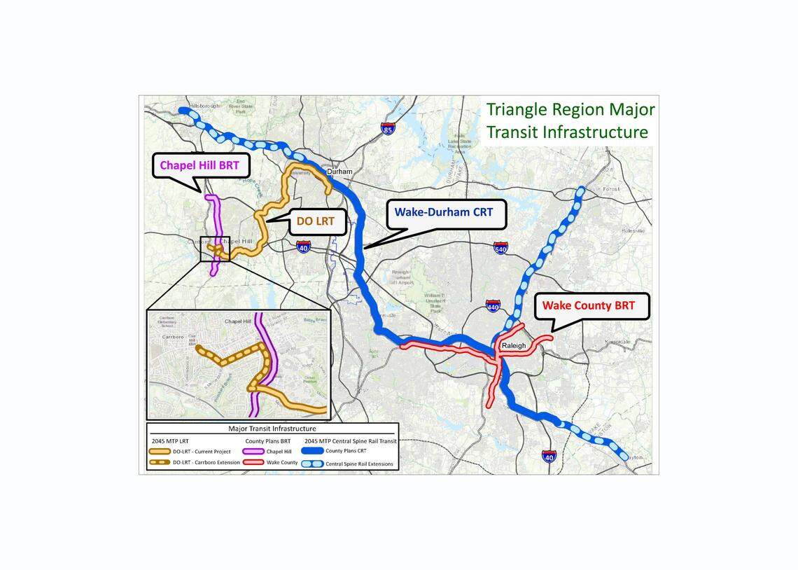 A map shows how the Durham-Orange light rail, the Durham-Wake commuter rail, and Chapel Hill and Wake County bus-rapid transit projects would link together to form a regional transit network.