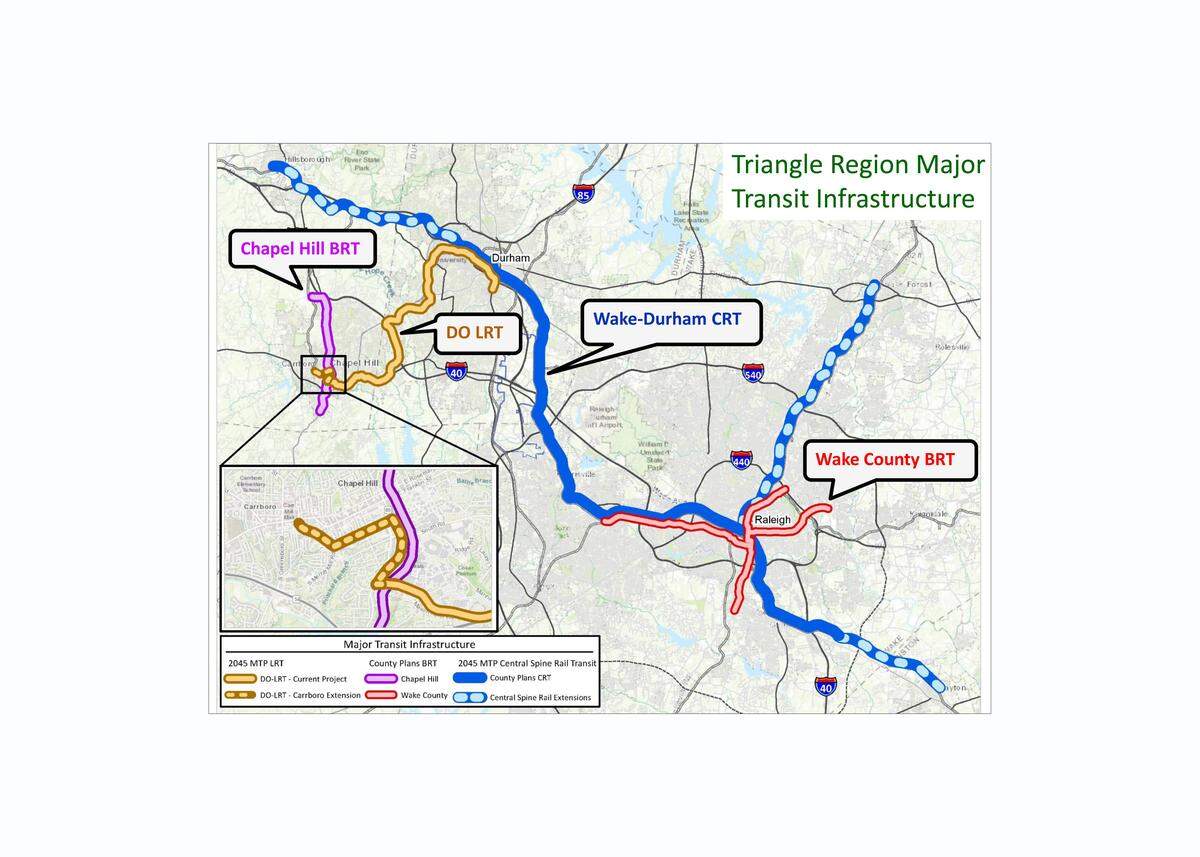 A map shows how the Durham-Orange light rail, the Durham-Wake commuter rail, and Chapel Hill and Wake County bus-rapid transit projects would link together to form a regional transit network.