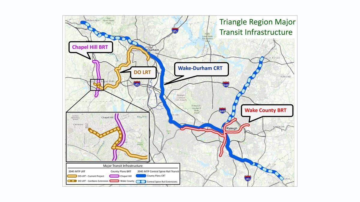 A map shows how the Durham-Orange light rail, the Durham-Wake commuter rail, and Chapel Hill and Wake County bus-rapid transit projects would link together to form a regional transit network.