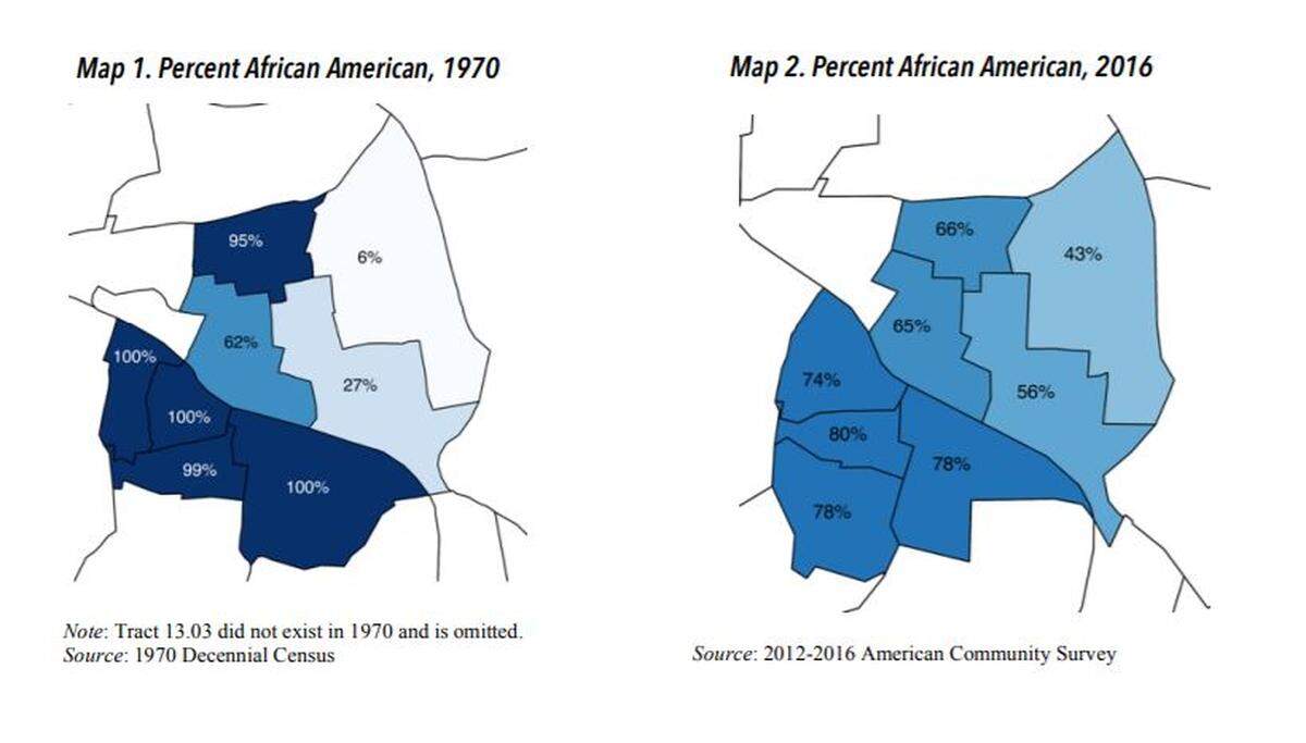 Changes in the demographic makeup of some census tracts southeast of downtown Durham. Census tracts including for the 2016 include, 9, 11, 10.01, 10.02, 13.01, 13.03, 14 and 23