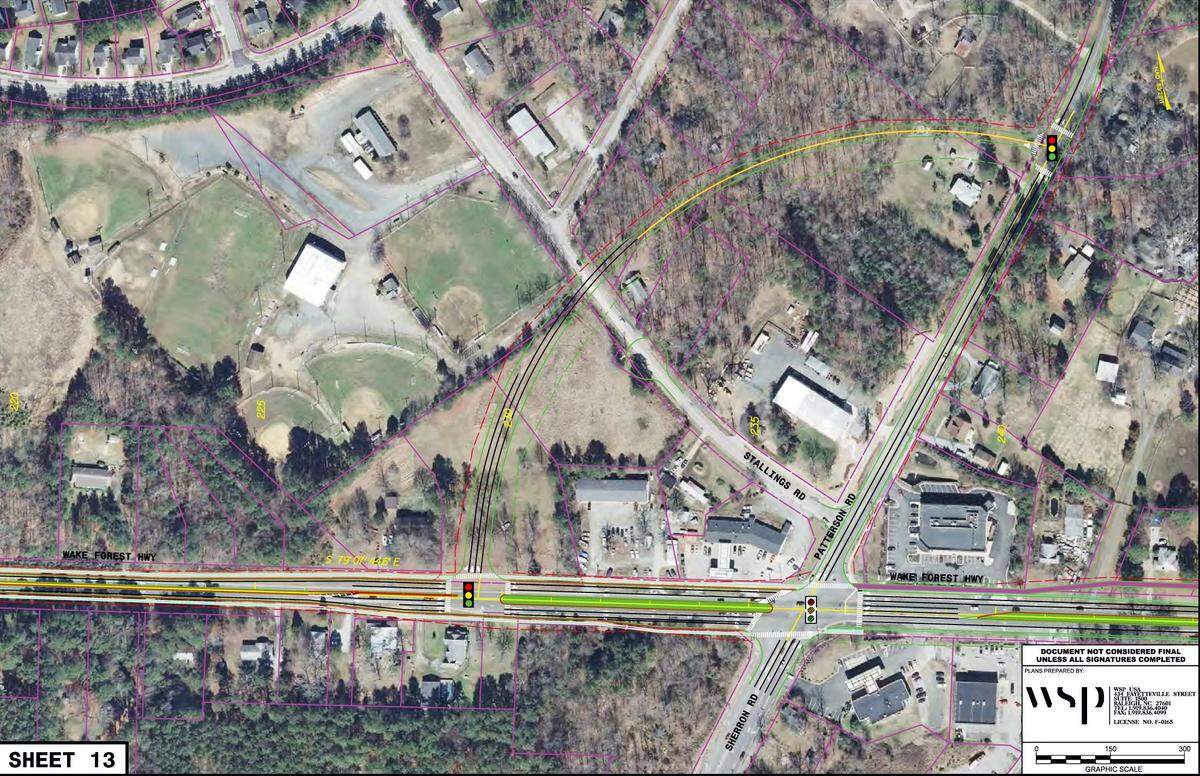 A draft design from N.C. 98 Corridor study consultant WSP shows an alternative quadrant intersection that could be used to the west of the N.C. 98 intersection with Patterson and Sherron roads. The quarter-loop road would run between Patterson Road, just north of the intersection, past Stallings Road to N.C. 98. Drivers turning left onto or off of N.C. 98 would take the new road instead and turn in the appropriate direction at the other end. Stallings Road would become a cul-de-sac.