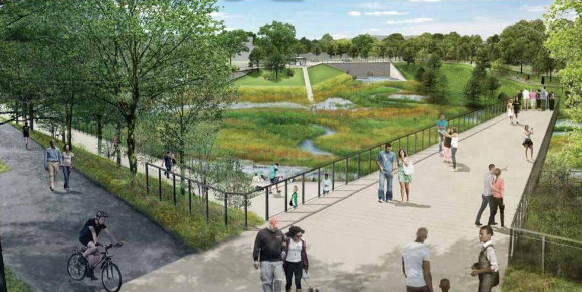 The pedestrian view of the planned South Ellerbe stormwater restoration in downtown Durham.