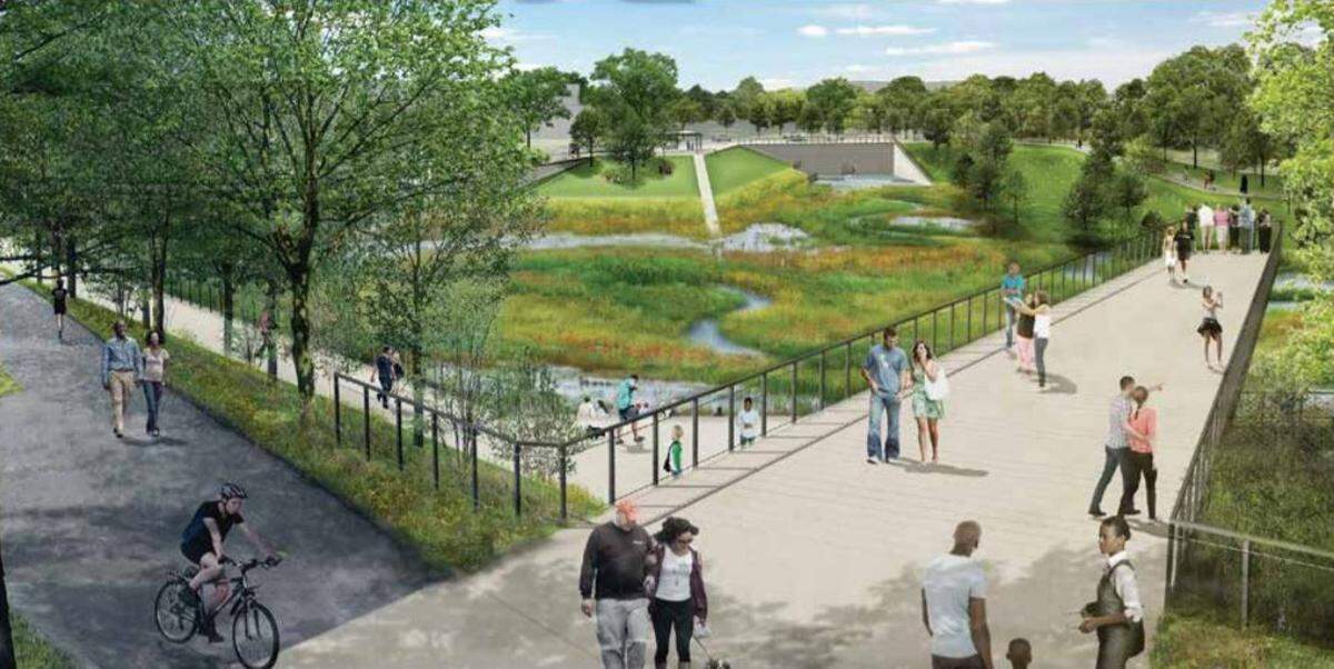 The pedestrian view of the planned South Ellerbe stormwater restoration in downtown Durham.