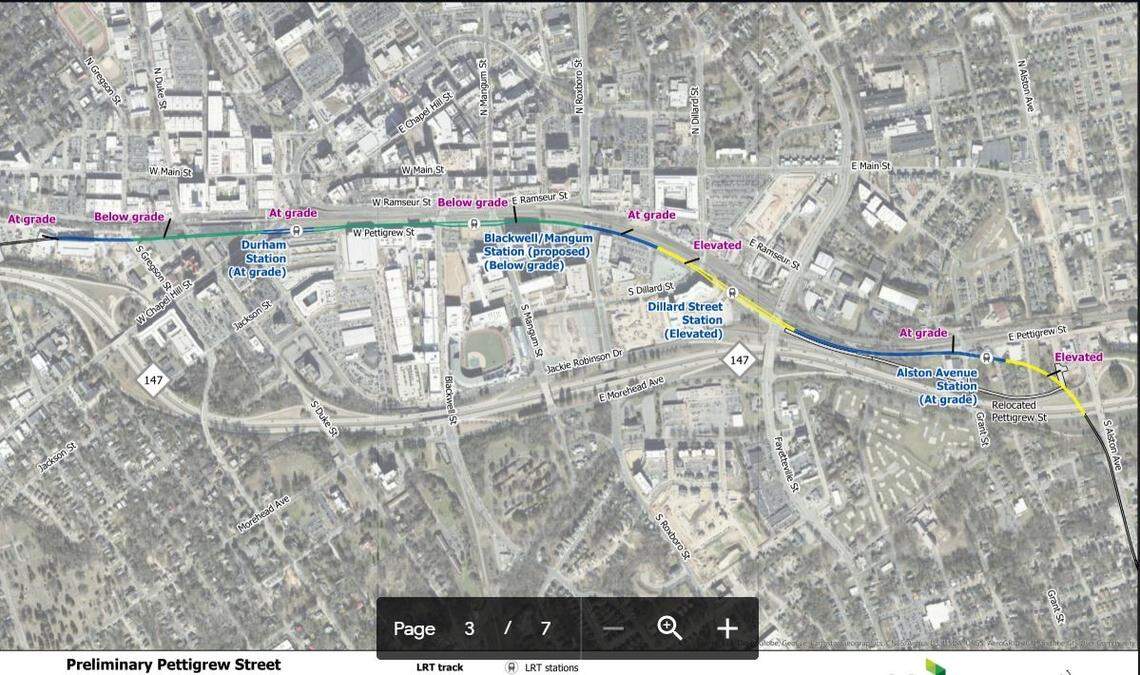 This map released by GoTriangle on Friday shows where the Durham-Orange Light Rail Transit line would run underground though downtown Durham and then run on elevated tracks on two proposed bridges.