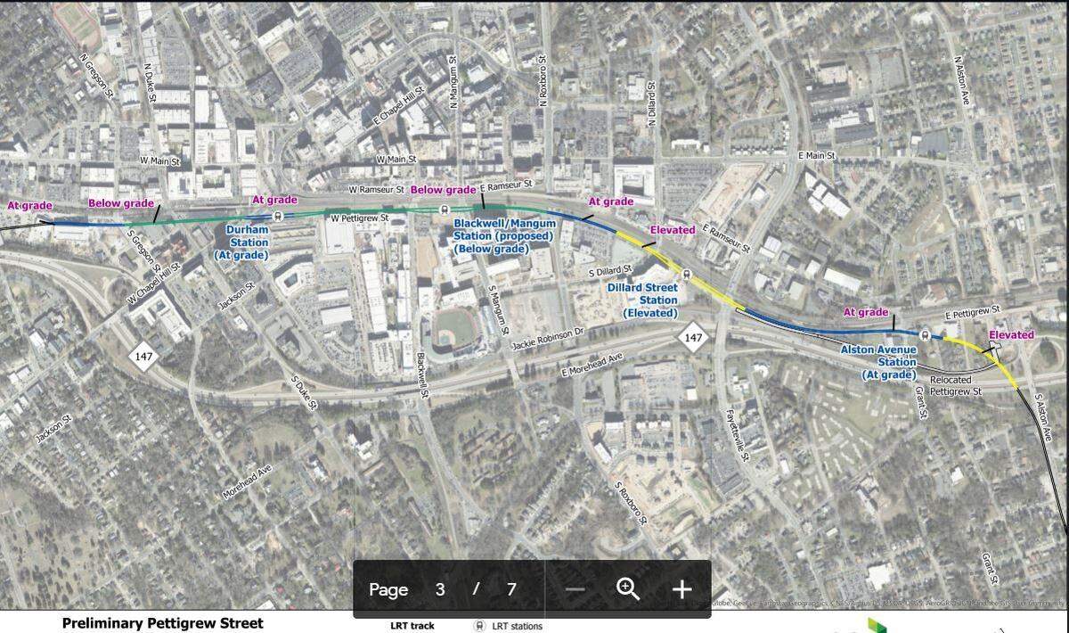 This map released by GoTriangle on Friday shows where the Durham-Orange Light Rail Transit line would run underground though downtown Durham and then run on elevated tracks on two proposed bridges.