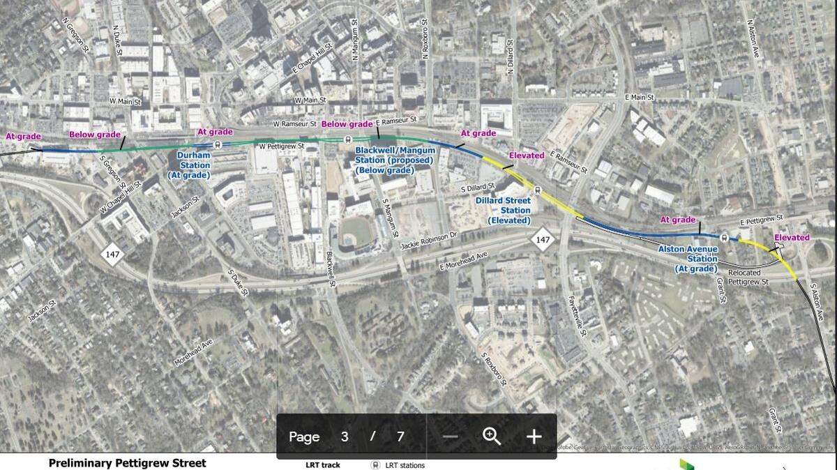 This map released by GoTriangle on Friday shows where the Durham-Orange Light Rail Transit line would run underground though downtown Durham and then run on elevated tracks on two proposed bridges.