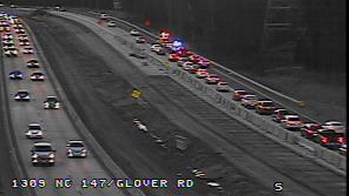 Traffic backs up on southbound N.C. 147 north of Ellis Road in Durham on Wednesday, Dec. 13, 2017, as one of two wrecks in 10 minutes forces drivers into the left lane.