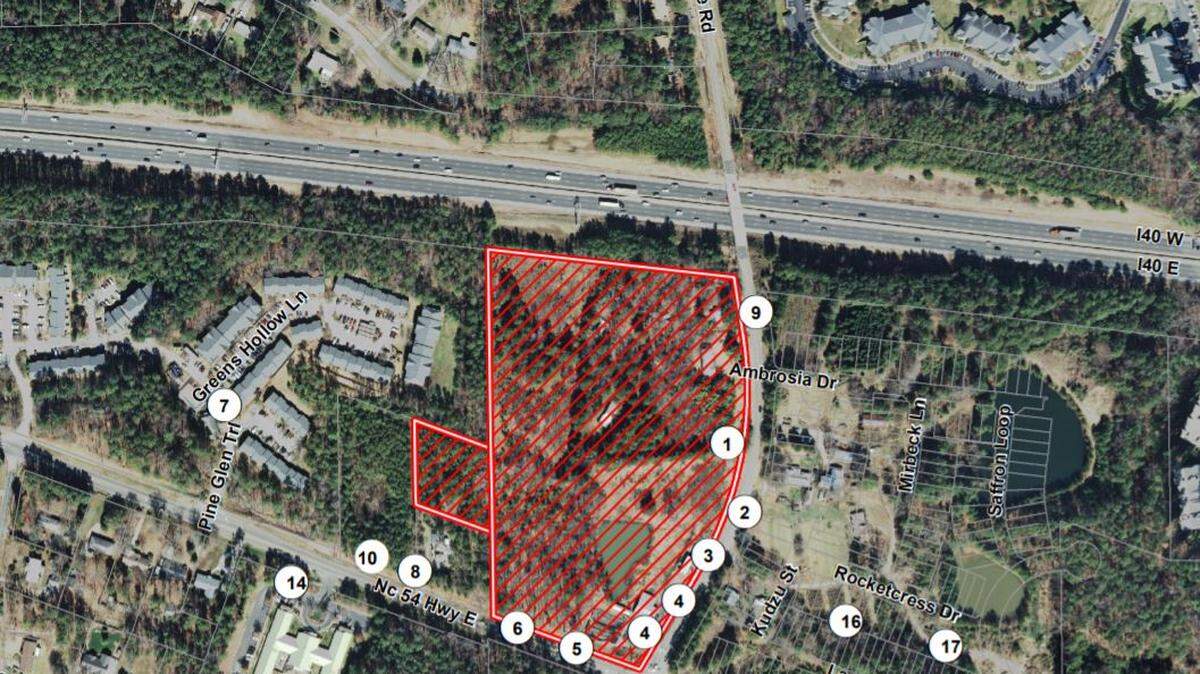 The map of a planned 112-townhouse development near Interstate 40 in South Durham.