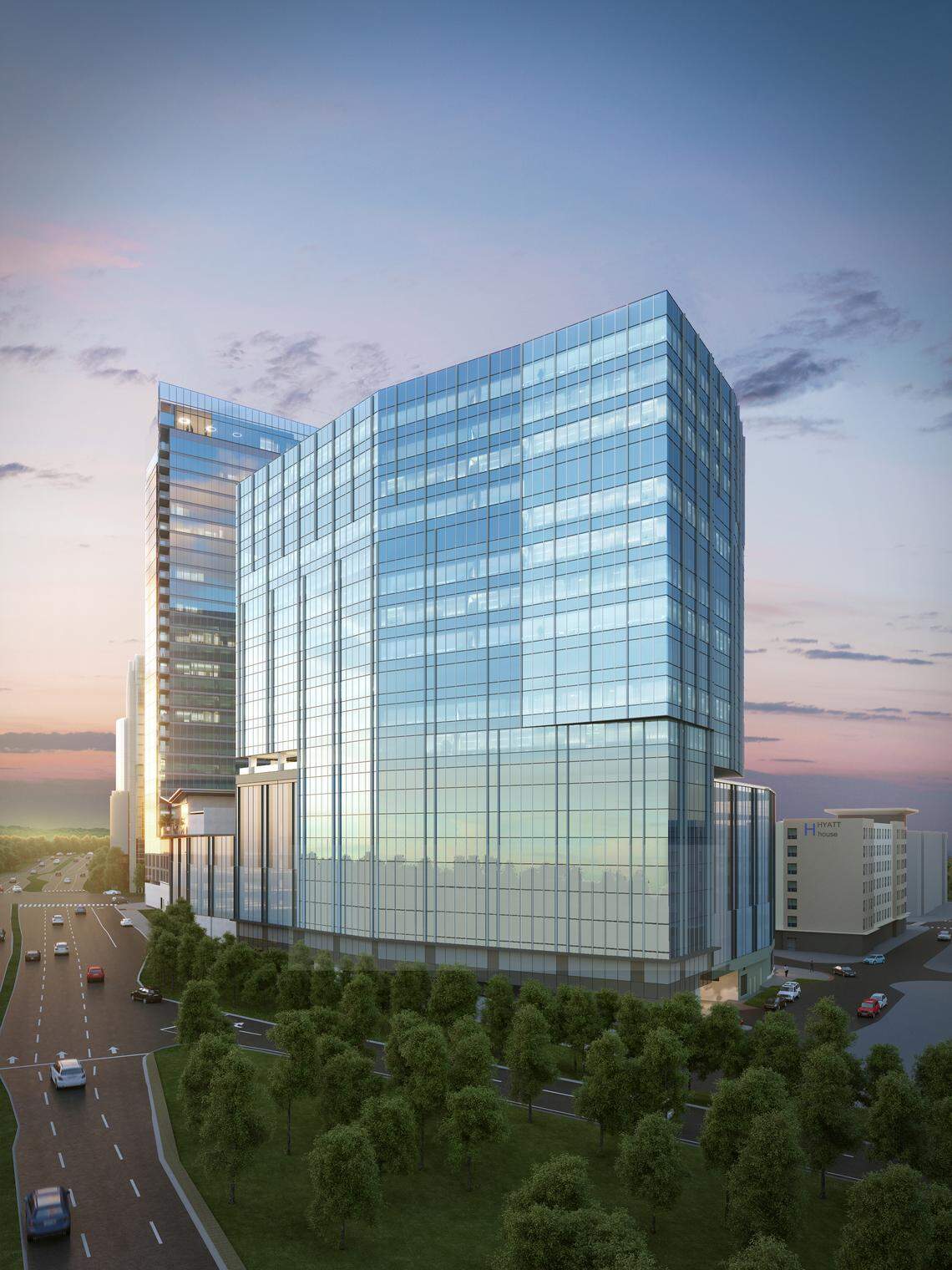 A rendering of Tower 4, a new office building under construction at Kane Realty’s North Hills development.