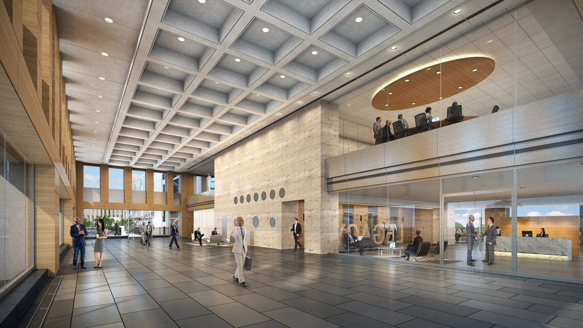 A rendering of the on-going renovations coming to the NC Mutual tower.