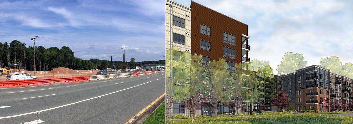 Construction crews have removed a Days Inn and cleared an adjacent lot (left) to make way for the construction of the five- to six-story Fordham Apartments in Chapel Hill's Blue Hill District.