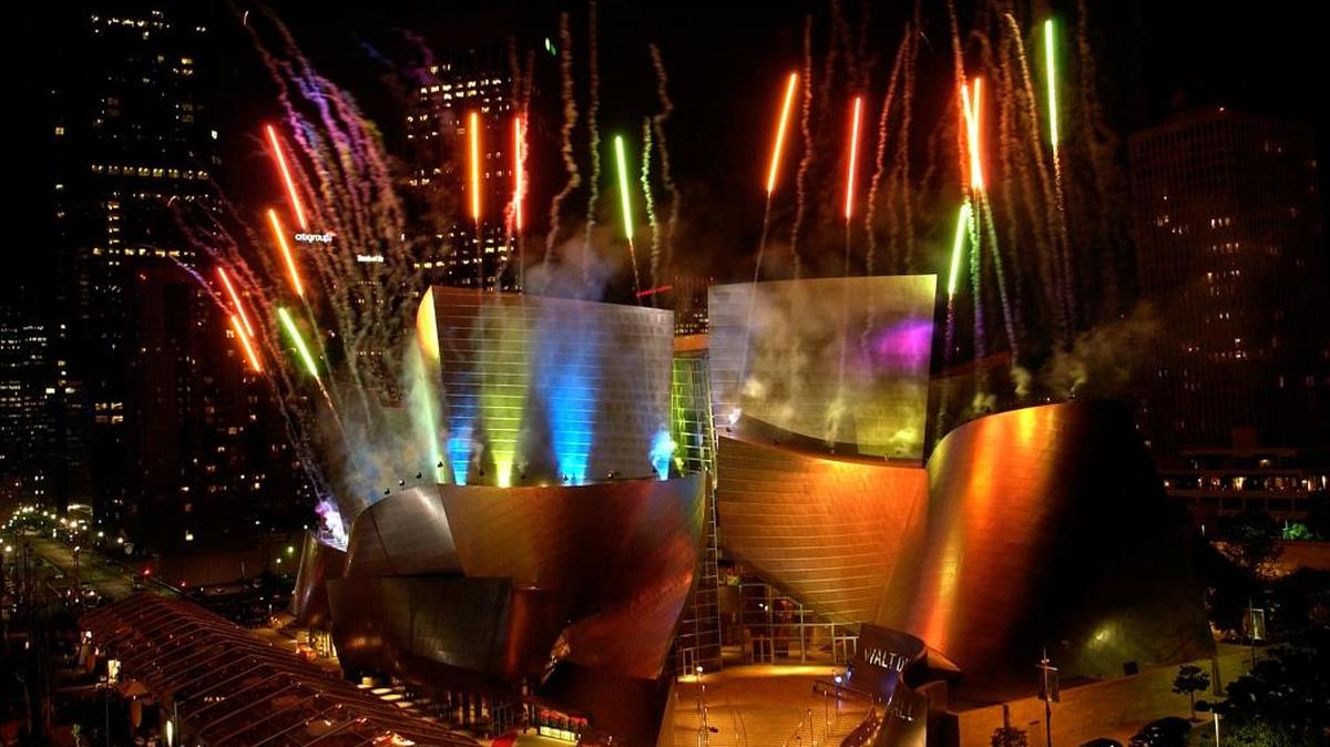 In this Thursday, Oct. 23, 2003 file photo, fireworks light the Walt Disney Concert Hall after Esa-Pekka Salonen conducted the Los Angeles Philharmonic in Los Angeles. The Getty Research Institute acquired archives containing hundreds of thousands of sketches, drawings, models, photographs, slides and paperwork involving projects that Gehry designed between 1954 and 1988, including the famous Walt Disney Concert Hall.