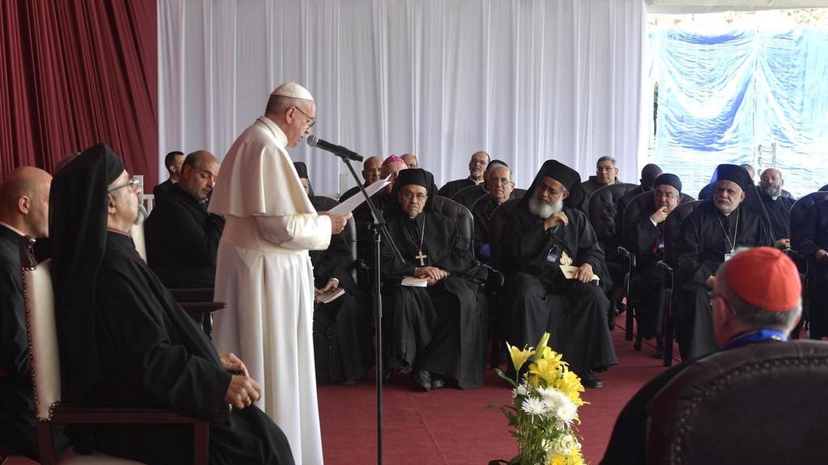 Pope Francis delivers his speech during a meeting with the clergy and religious, in Cairo, Saturday. Pope Francis came to Egypt on Friday for a historic visit to the Arab and Muslim majority nation aimed at presenting a united Christian-Muslim front to repudiate violence committed in God's name.