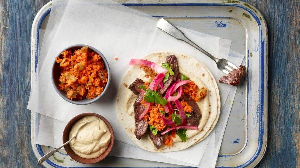 Sara Moulton’s recipe for burritos uses Middle Eastern ingredients and is a complete meal.