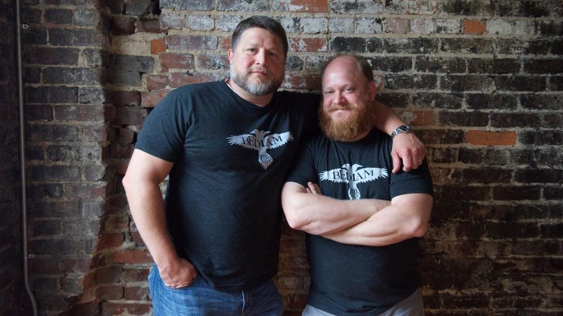 Brandon Evans, left, and Scott Russ own Durham-based Graybeard Distillery with Sam Searcy and Ron Templeton (not pictured). They produce Bedlam Vodka, which is distilled from rice.