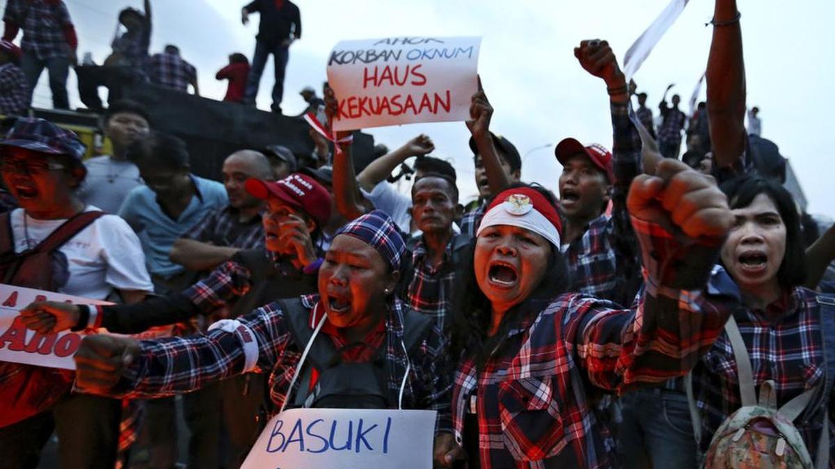 Demonstrators protest in support of Jakarta’s former governor, Basuki ‘Ahok’ Tjahaja Purnama.