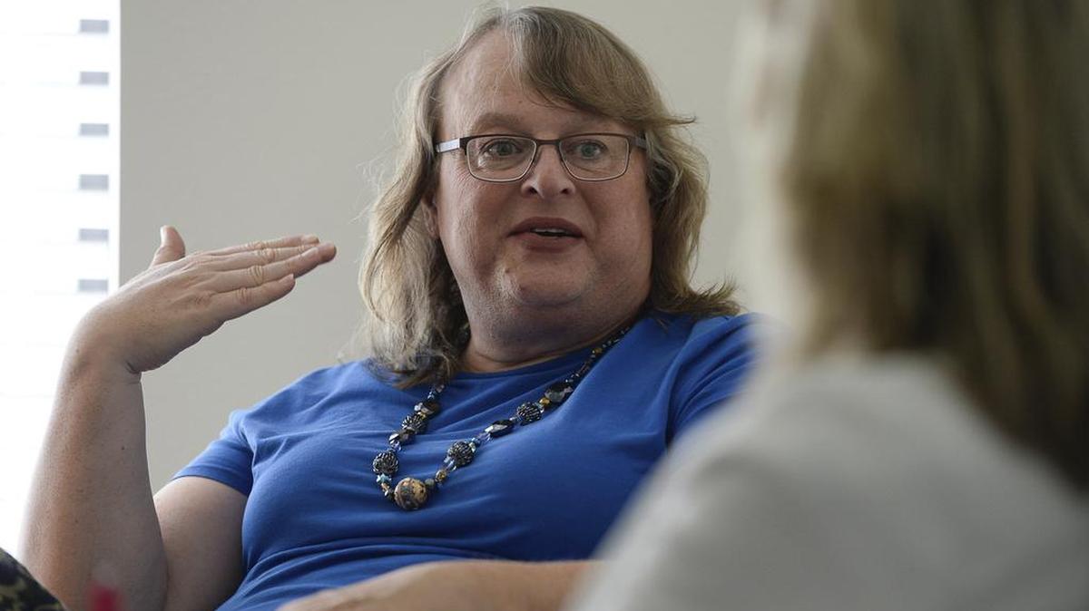 In this Monday, July 17, 2017 photo, Laurie Lee Hall gestures while speaking in Salt Lake City. The former LDS stake president, who oversaw a group of Mormon congregations in Tooele for eight years and worked as an architect on her faith’s most sacred spaces, faced, in her mind, an impossible choice: Either return to living as a man or resign her membership in The Church of Jesus Christ of Latter-day Saints. Giving up her female identity would cause grave damage to her physical and mental health, Hall says.