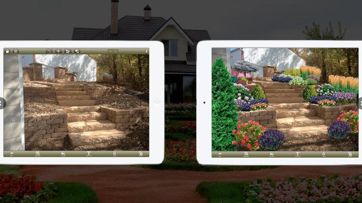 This image provided by iScape shows a screen shot of the company's web site showcasing before and after views of landscaping changes using their mobile garden and landscape design application.