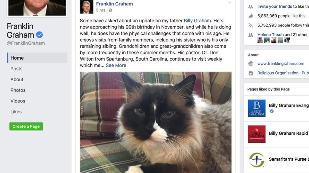 Franklin Graham posted on Facebook about the cat that keeps his father, Billy, company.