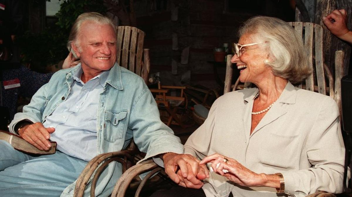 The Rev. Billy Graham and his wife Ruth during a press conference at their home in Montreat in 1996.