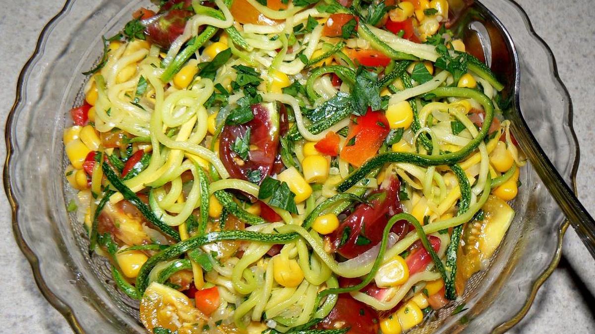 This zucchini noodle summer salad is a great way to use garden-fresh summer veggies.