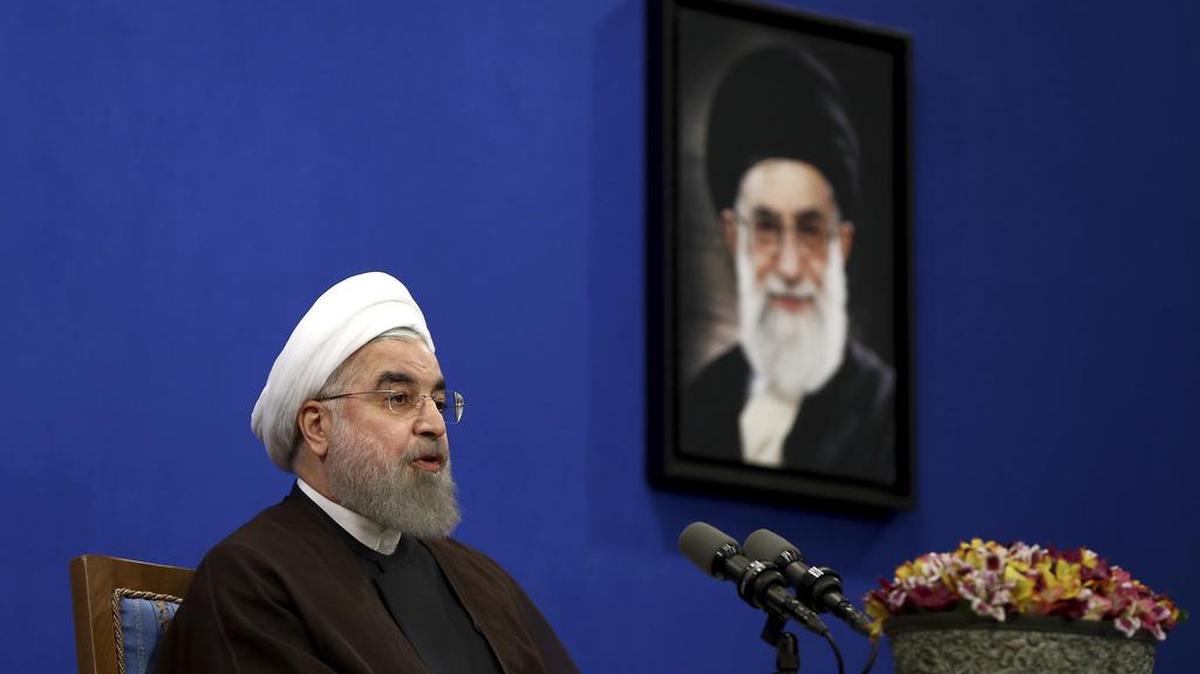 Iranian President Hassan Rouhani gives a televised speech in Tehran, Iran on Saturday. Rouhani said that the message of Friday’s election that gave him another four-year term is one of Iran living in peace and friendship with the world.